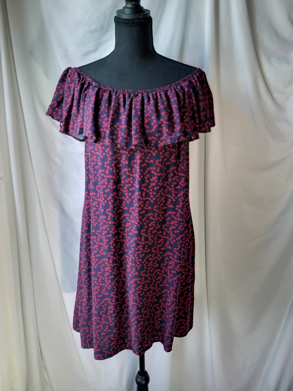 Sandra Darren Navy Shoulderless Dress with Pink Dot Floral Print